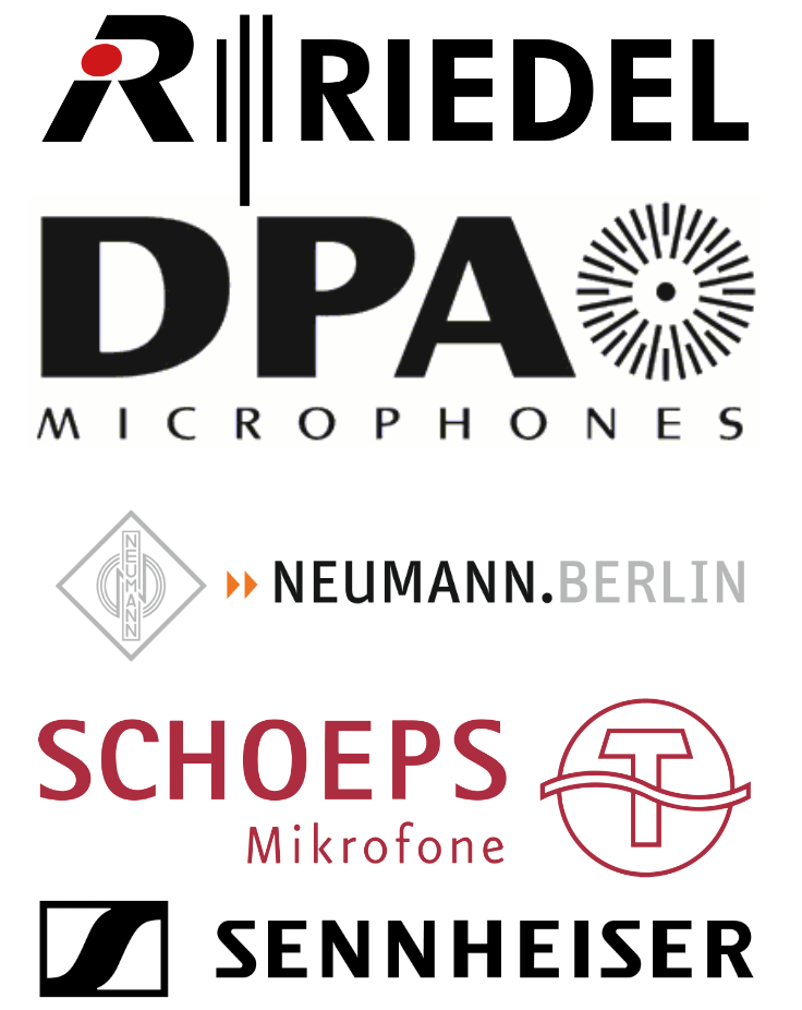 Verschiedene Logos der Hersteller zum Kauf von DPA Mikrophones, Neumann Berlin, Schoeps Mikrofone, Sennheiser, Genelec