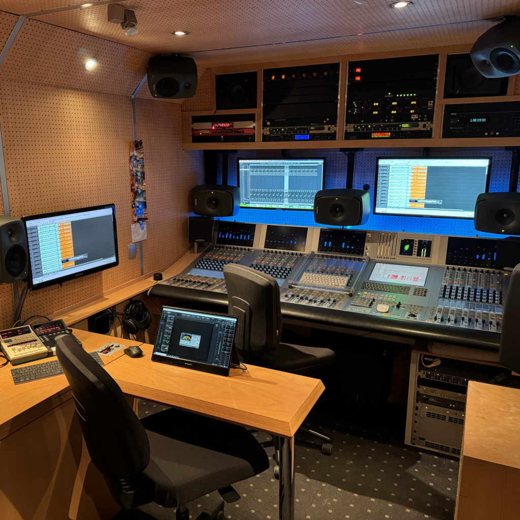 Tonstudio Übertragungswagen von Innen im Hintergrund ein Mischpult an der Wand und Decke Lautsprecher von Genelec für 7.1.4 Dolby Atmos
